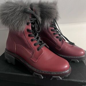 RAG & Bone Womens Shiloh Lace-Up Lamb Fur-Lined Leather Combat Boot in Russett